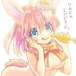  1girl :q ahoge animal_ears blue_eyes bow bowtie breasts carrot crown emil_chronicle_online holding holding_carrot large_breasts minnie_doe_alma nude pink_bow pink_bowtie pink_hair ponytail rabbit_ears rabbit_girl rabbit_tail ruki_aiuchi smile solo sparkling_eyes tail tongue tongue_out white_background 