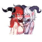  2girls alexstrasza arm_tattoo bikini blue_skin blush breast_press breasts choker collar draenei fishnet_top horns large_breasts long_hair mr.skull multiple_girls red_hair swimsuit symmetrical_docking tattoo warcraft world_of_warcraft yellow_eyes yrel 