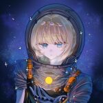  1girl :o astronaut ball blonde_hair blue_eyes braid braided_bangs chilizi glowing hand_up helmet highres kiperina looking_at_object looking_down reverse:1999 solo space_helmet spacesuit sparkle star_(sky) starry_sky_background upper_body 