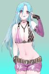  1girl bare_shoulders belt belt_buckle blue_hair blush braid breasts buckle bullet_necklace candy cleavage food jinx_(league_of_legends) large_breasts league_of_legends long_hair pink_eyes pink_legwear purple_shorts short_shorts shorts smile solo stomach 