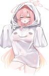  1girl absurdres ahoge blue_archive blush breasts commentary drooling ghost_costume green_eyes halo hanako_(blue_archive) heart heart_in_eye highres hood hoodie large_breasts long_hair long_sleeves looking_at_viewer mouth_drool open_mouth pink_hair pink_halo saliva see-through_silhouette simple_background sleeves_past_fingers sleeves_past_wrists solo symbol_in_eye thighs white_background white_hood white_hoodie yhs040626 