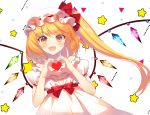  :d alternate_costume bangs bare_shoulders blonde_hair blush collarbone commentary_request crystal dress eyebrows_visible_through_hair fang flandre_scarlet frills hands_up hat hat_ribbon heart heart_hands long_hair looking_at_viewer mob_cap off-shoulder_dress off_shoulder one_side_up open_mouth puffy_short_sleeves puffy_sleeves red_eyes red_ribbon red_sash ribbon roh_nam_kyung sash short_sleeves smile solo star star-shaped_pupils symbol-shaped_pupils touhou triangle upper_body white_background white_dress white_hat wings 