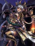  breasts cuboon fire gloves grey_hair large_breasts long_hair navel night polearm red_eyes sengoku_taisen smile solo sword thighhighs very_long_hair weapon 
