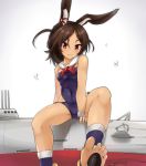  animal_ears azur_lane barefoot brown_hair bubble bunny_ears commentary_request covered_navel dark_skin detached_collar feet i-26_(azur_lane) legs nm_(tshell2761) one-piece_swimsuit sailor_collar school_swimsuit sexually_suggestive short_hair sitting smile soles solo spread_legs strapless strapless_swimsuit submarine swimsuit toeless_legwear toes torpedo two_side_up watercraft wristband 