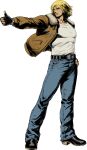  1boy abs belt blonde_hair blue_eyes bomber_jacket denim fatal_fury fingerless_gloves garou:_mark_of_the_wolves gloves highres jacket jeans large_pectorals male_focus muscular muscular_male official_alternate_costume official_art ogura_eisuke pants pectorals snk solo terry_bogard 