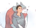  2016 anthro blue_fur blush canine clothed clothing duo fur hoodie hug hugging_from_behind human human_on_anthro interspecies jimyangsheep male mammal multicolored_fur tuft two_tone_fur wolf 