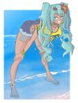  1girl :d anklet aqua_hair barefoot beach bikini blue_bikini border brazilian_flag brazilian_flag_print brazilian_miku breasts cleavage dark-skinned_female dark_skin eyewear_on_head flag_print flower grin hair_flower hair_ornament hands_on_own_knees hatsune_miku highres jewelry long_hair shirt shorts smile solo sunglasses swimsuit tan tanlines twintails vocaloid waves white_border yahnuko yellow_shirt 