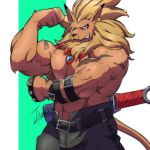  5_fingers anthro belt biceps black_nose blonde_hair blue_eyes clothed clothing digimon ear_piercing feline fist flexing fur grin hair jewelry kemono leomon male mammal melee_weapon muscular muscular_male necklace pants pecs piercing pose slit_pupils smile solo sword tan_fur teeth tiggon_the_great topless vein weapon 