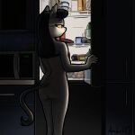 anthro apocheck13 appliance black_hair domestic_cat dramatic_lighting elya_(apocheck13) felid feline felis female female_anthro fridge fur hair hi_res kitchen kitchen_appliance mammal multicolored_body multicolored_fur nude nude_anthro nude_female open_fridge portrait solo standing