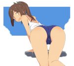  1girl all_fours ass ass_focus blue_background blue_one-piece_swimsuit blue_sky blush border brown_eyes brown_hair cloud commentary_request crotch_seam feet_out_of_frame from_behind i-401_(kancolle) kantai_collection kugui_kiyunemu long_hair looking_at_viewer one-piece_swimsuit open_mouth orange_sailor_collar outside_border parted_bangs ponytail sailor_collar school_swimsuit shirt sidelocks sky sleeveless sleeveless_shirt solo swimsuit tan turning_head wet white_border white_shirt 