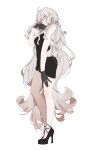  1girl \||/ ahoge alternate_costume back_cutout bare_arms bare_legs bare_shoulders black_choker black_dress black_gloves black_shoes breasts choker closed_mouth clothing_cutout commentary_request contrapposto dress earrings eyewear_strap fate/grand_order fate_(series) flipped_hair from_side full_body fur_scarf gloves gradient_hair hair_between_eyes high_heels highres jeanne_d&#039;arc_alter_(fate) jewelry knees_apart_feet_together lace-trimmed_gloves lace_trim long_hair looking_at_viewer medium_breasts messy_hair microdress multicolored_hair platform_heels profile ri_o_ne_su ring round_eyewear shoes simple_background solo strapless strapless_dress tube_dress variant_set very_long_hair white_background white_hair yellow_eyes 