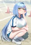  1girl :t blue_buruma blue_hair bra bra_visible_through_clothes braid breasts buruma closed_mouth crown_braid green_eyes gym_uniform hair_ornament hair_ribbon hairclip hairpin hand_on_own_chin harimayuslayer highres kira_kurara knees_up large_breasts long_hair low_twintails muv-luv muv-luv_girls_garden outdoors ribbon shoes sitting socks solo sweat sweatdrop traffic_cone twintails underwear white_ribbon white_shoes white_socks 