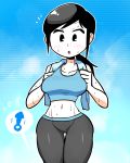  1girl :o black_hair blush breasts erection hiryou_man_(crap-man) large_breasts leggings midriff navel open_mouth pale_skin ponytail sexually_suggestive surprised tank_top thought_bubble towel white_skin wii_fit wii_fit_trainer 