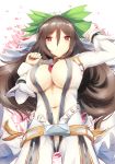  alternate_costume arm_up bell bell_collar belt between_breasts black_wings blush bow breasts brown_hair clenched_hand collar commentary_request cosplay cowboy_shot eyebrows_visible_through_hair fate/extra fate/extra_ccc fate_(series) flower green_bow hair_between_eyes hair_bow hand_up highres jumpsuit large_breasts long_hair long_sleeves looking_at_viewer navel nero_claudius_(bride)_(fate) nero_claudius_(bride)_(fate)_(cosplay) nero_claudius_(fate)_(all) petals red_eyes reiuji_utsuho shiny shiny_skin sidelocks smile solo touhou uchisukui very_long_hair white_background white_belt white_jumpsuit wings yellow_belt 