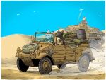  blue_sky cannon combat_helmet day desert drum_(container) helmet highres hill kubelwagen military_jeep military_vehicle motor_vehicle original panzer_iii sand sand_dune shovel sky spare_tire stahlhelm tank unused_tire vehicle_focus yabarn 