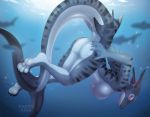  anthro breasts butt dorsal_fin female fin fish marine nude pink_eyes shark side_boob smile stripes swimming tartii underwater water webbed_hands 