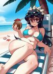  1girl artist_name bikini black_hair blue_bikini blue_sky breasts breasts_apart chair closed_mouth coconut collarbone drinking_straw english_commentary eyewear_on_head feet_out_of_frame filia_(skullgirls) hair_between_eyes highres horizon large_breasts long_hair looking_at_viewer lounge_chair navel ocean palm_tree parta_228 plump red_eyes sand shadow shell sidelighting skullgirls sky starfish sunglasses swimsuit thick_thighs thighs tree twitter_username 