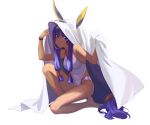  animal_ears bare_legs barefoot breasts commentary_request dark_skin earrings eyebrows_visible_through_hair facial_mark fate/grand_order fate_(series) full_body hood hoodie hoop_earrings jewelry kneeling long_hair looking_at_viewer low-tied_long_hair medium_breasts nitocris_(fate/grand_order) nitocris_(swimsuit_assassin)_(fate) purple_eyes purple_hair sidelocks simple_background smile solo swimsuit tuchinokoeffect very_long_hair white_swimsuit wristband 