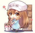  :d bangs beige_background black_footwear blue_shirt blush boots box brown_eyes brown_hair cardboard_box character_name chibi clothes_writing commentary eyebrows_visible_through_hair flat_cap hair_between_eyes hat hataraku_saibou holding index_finger_raised long_hair open_mouth outstretched_arm platelet_(hataraku_saibou) shadow shirt short_sleeves smile solo standing twitter_username very_long_hair whistle white_hat yukiyuki_441 