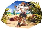 absurd_res anthro barazoku beach bone_accessory bottomwear clothing detailed felid fishing_rod hi_res male mammal moodraw muscular pantherine sea shorts solo tiger water