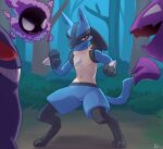 absurd_res action_pose ambiguous_gender anthro blue_body blue_fur canid floating floating_head forest fur gastly generation_1_pokemon generation_4_pokemon gengar ghost group hand_spike haunter hi_res jarnqk lucario mammal night nintendo plant pokemon pokemon_(species) pose purple_body red_eyes spikes spikes_(anatomy) spirit surrounded tree