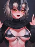  1girl absurdres artist_name bangs bikini bikini_top black_bikini black_sweater blush breasts clothes_lift eyebrows_visible_through_hair fate/grand_order fate_(series) grey_hair headpiece highres jeanne_d&#039;arc_(alter)_(fate) jeanne_d&#039;arc_(fate)_(all) large_breasts long_sleeves looking_at_viewer open_mouth shiny shiny_clothes shiny_skin short_hair silver_hair skindentation solo sweat sweater sweater_lift swimsuit vana yellow_eyes 