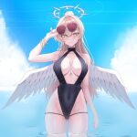  1girl absurdres ass_visible_through_thighs aviator_sunglasses black_one-piece_swimsuit blue_archive bracelet breasts brown-tinted_eyewear brown_hair covered_navel day feathered_wings funky_dea1er gold_bracelet halo highres jewelry large_breasts long_hair looking_at_viewer nagisa_(blue_archive) nagisa_(swimsuit)_(blue_archive) official_alternate_costume official_alternate_hairstyle one-piece_swimsuit outdoors pink_halo smile solo standing sunglasses swimsuit tinted_eyewear very_long_hair wading white_wings wings yellow_eyes 