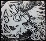  1other black_border border chibi demon_horns eyelashes flower horns long_hair monochrome original ponkithi1126 rose small_pupils solo thorns 