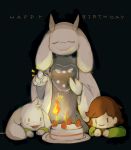  ambiguous_gender asriel_dreemurr birthday_cake cake candle caprine chara_(undertale) female food goat male mammal simple_background smile text toriel undertale video_games winte 
