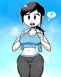  ! 1girl black_hair blush breasts highres hiryou_man_(crap-man) large_breasts leggings midriff navel open_mouth pale_skin ponytail tank_top thought_bubble towel white_skin wii_fit wii_fit_trainer 
