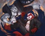  2018 abs anthro biceps black_nose canine clothing digital_media_(artwork) feline fur fuwayuuko hi_res kemono looking_at_viewer male mammal muscular muscular_male open_hoodie open_mouth pecs stripes tiger white_tiger wolf 