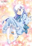  1girl absurdres ahoge anime_coloring blue_bow blue_bowtie blue_dress blue_eyes bow bowtie braid braided_sidelocks chichi_wa_eiyuu_haha_wa_seirei_musume_no_watashi_wa_tenseisha closed_mouth copyright_name copyright_notice dress dress_flower ellen_(chichi_wa_eiyuu) flower frilled_dress frills hair_between_eyes hair_flower hair_ornament hairpin highres ishida_hiroki juliet_sleeves long_dress long_hair long_sleeves looking_at_viewer magazine_scan mary_janes megami_magazine official_art puffy_sleeves scan shoes smile solo white_flower white_hair 
