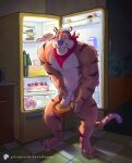 absurd_res anthro appliance balls big_penis blue_nose blush caught cereal cereal_bowl cereal_mascot erection felid food food_fetish food_play fridge frosted_flakes fur genitals hi_res humanoid_genitalia humanoid_penis kawaakumma kellogg's kitchen_appliance male mammal mascot muscular muscular_anthro muscular_male nude_male open_fridge orange_body orange_fur pantherine penis penis_in_food solo tiger tony_the_tiger