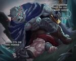 abs anthro armor biceps blaidd_(elden_ring) blood bodily_fluids bottomwear cancerdoge canid canine canis cape clothing duo elden_ring english_text from_behind_position fromsoftware fur grey_body human humanoid male male/male mammal melee_weapon muscular muscular_anthro muscular_male pants pecs red_eyes scar sex sword tarnished_(elden_ring) teeth text weapon wolf