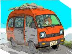  1boy 1girl blue_sky cat day highres license_plate looking_at_another medium_hair motor_vehicle orange_hair original road sky van vehicle_focus yabarn 