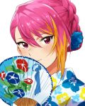  alternate_hairstyle blonde_hair blush braid commentary_request eyebrows_visible_through_hair fan hair_between_eyes highres idolmaster idolmaster_million_live! japanese_clothes kimono looking_at_viewer maihama_ayumu multicolored_hair nagami_tami paper_fan pink_eyes pink_hair portrait short_hair solo uchiwa white_background 