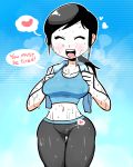  1girl ^_^ ^o^ black_hair blush breasts closed_eyes english eyes_closed happy heart heavy_breathing hiryou_man_(crap-man) imminent_sex large_breasts leggings midriff navel pale_skin ponytail pussy_juice smile speech_bubble tank_top text_focus towel white_skin wii_fit wii_fit_trainer 