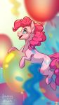  2018 ambiguous_gender balloon blue_eyes blurred_background collaboration cute cutie_mark earth_pony equine eyebrows eyelashes feral friendship_is_magic hair hooves horse lumyowl mammal my_little_pony nude open_mouth open_smile pink_hair pinkie_pie_(mlp) pony portrait side_view smile solo watermark 