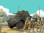  6+boys armored_personnel_carrier armored_vehicle blue_sky cat_boy combat_helmet gun helmet highres machine_gun motor_vehicle multiple_boys original radio_antenna sky tank_turret vehicle_focus weapon wheel yabarn 