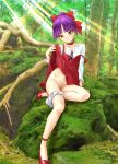  commentary_request dress dress_lift fang forest gegege_no_kitarou highres looking_at_viewer moss nature nekomusume nekomusume_(gegege_no_kitarou_6) panties panties_around_one_leg purple_hair sitting smile solo underwear unno_hotaru yellow_eyes 
