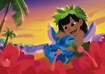  2016 4_toes alien beach black_eyes black_hair blue_body blue_claws blue_nose blue_pawpads blush claws clothed clothing digital_media_(artwork) digital_painting_(artwork) disney experiment_(species) eyes_closed flower grass_skirt hair hawaii hibiscus human lilo_and_stitch lilo_pelekai mammal notched_ear open_mouth open_smile palm_tree pawpads plant sea seaside smile stitch sunset toes tree tropical water はち 