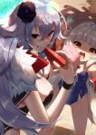  :t ass_visible_through_thighs azur_lane bangs bare_arms bare_shoulders black_flower breasts brown_eyes brown_hat commentary_request cotton_candy drooling eating eyebrows_visible_through_hair feet_out_of_frame flower food fruit fur_trim graf_zeppelin_(azur_lane) hair_between_eyes hair_flower hair_ornament hand_up hat highres holding holding_food holding_fruit ikayaki jewelry large_breasts lens_flare light_particles long_hair looking_at_another looking_at_viewer looking_back multiple_girls necklace one-piece_swimsuit open_mouth red_eyes ribbon sand shadow shiny shiny_skin silver_hair small_breasts smile standing sukocchi sun_hat swimsuit thighs upper_body water watermelon watermelon_seeds white_ribbon wristband z46_(azur_lane) 