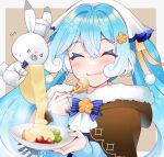  1girl 1other aqua_eyes aqua_hair aqua_nails blue_bow blush bow bowl brown_capelet capelet cheese chef closed_eyes closed_mouth commentary_request eating food food-themed_hair_ornament fork hair_between_eyes hair_ornament hatsune_miku highres holding holding_bowl holding_fork long_hair long_sleeves masumofu melting mini_chef_hat open_mouth rabbit rabbit_yukine salad smile sweater twintails very_long_hair vocaloid yuki_miku 