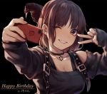  ;d animal arm_up bangs bare_shoulders bird black_background black_shirt breasts brown_eyes brown_hair cellphone cleavage collarbone commentary de_da_xianyu eyebrows_visible_through_hair grin happy_birthday head_tilt holding holding_cellphone holding_phone long_sleeves looking_at_viewer medium_breasts off-shoulder_shirt one_eye_closed open_mouth original phone self_shot shirt simple_background smile solo translated v 