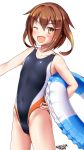  artist_name black_swimsuit blush brown_eyes brown_hair collarbone competition_swimsuit covered_navel dated eyebrows_visible_through_hair fang flat_chest hair_ornament hairclip highres ikazuchi_(kantai_collection) innertube kantai_collection looking_at_viewer one-piece_swimsuit one_eye_closed open_mouth short_hair simple_background smile solo standing swimsuit tsuchimiya white_background 