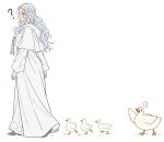  1girl ? anger_vein animal baby_animal bird blue_eyes braid capelet duck duckling final_fantasy final_fantasy_xiv following from_side half_up_braid hood hooded_capelet jamjamstyle long_hair looking_back mask mask_around_neck robe sophist&#039;s_robe_(ff14) spoken_anger_vein unworn_mask venat_(ff14) walking wavy_hair white_hair white_robe 