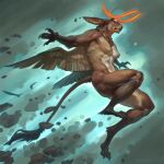 2025 5_fingers abs action_pose anthro antlers blurred_background breasts brown_body brown_fur claws digital_media_(artwork) fangs female finger_claws fingers fur glowing glowing_antlers hi_res horn lagomorph looking_aside mammal motion_blur muscular muscular_anthro muscular_female neck_tuft nipples nude nude_anthro nude_female pose sabertooth_(anatomy) signature solo tail tail_tuft taran_fiddler teeth toe_claws tuft weretober wings wolpertinger yellow_eyes