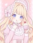  1girl blonde_hair blue_eyes bonnet bow bowtie closed_mouth corset cupcake dress food frilled_bonnet frills fruit hair_intakes highres holding holding_food licking_lips light_blush lolita_fashion long_hair looking_at_food original pink_bow pink_bowtie pink_corset pink_dress san_nana smile solo strawberry tongue tongue_out upper_body white_bonnet 