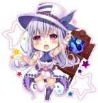  1girl blue_necktie blue_ribbon chibi covered_navel emil_chronicle_online flipped_hair hat hat_ribbon jacket kamishibaiya_iris leotard long_hair necktie open_mouth purple_eyes ribbon solo standing standing_on_one_leg thighhighs top_hat white_background white_hair white_hat white_jacket white_leotard white_thighhighs yumemiya_subaru 