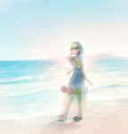  beach blue_sky braid comfey day dress flower footprints full_body green_eyes green_hair hand_up high_heels highres how_to jewelry looking_at_viewer moe_(hamhamham) necklace ocean outdoors personification pokemon sandals see-through shadow short_hair sky solo waves 